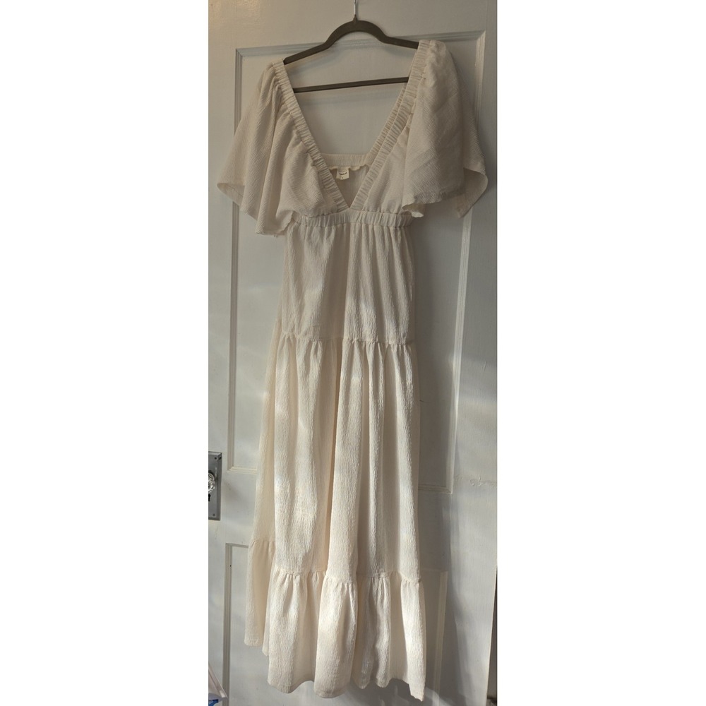Kikibell Summer Ruffle Boho Crinkle Dress. Ivory. L